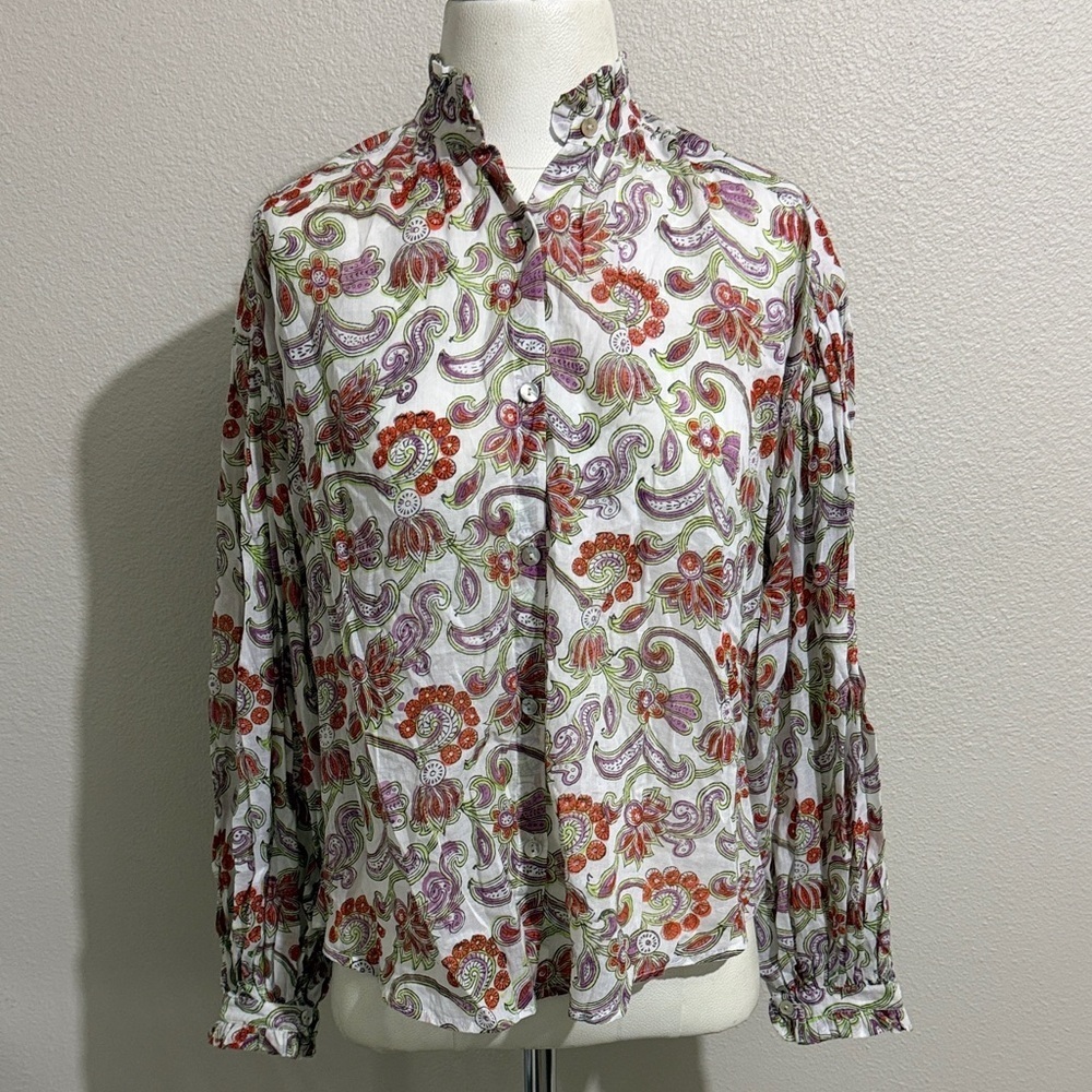 Alix of Bohemia Floral Button-Down Shirt Lightweight Ballon Long Sleeve Ruffled